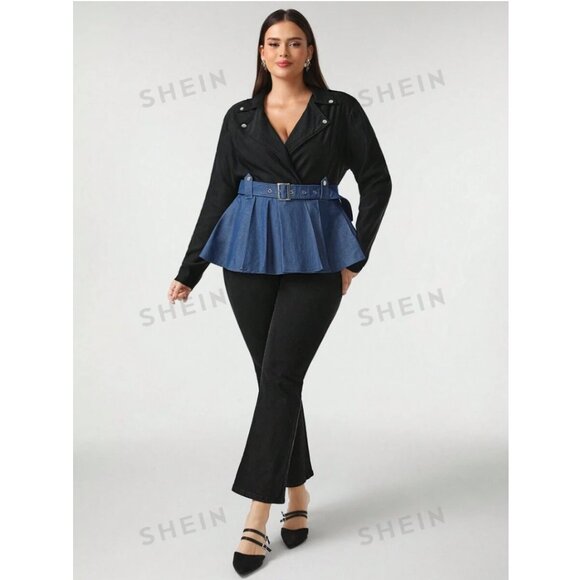 Shein Sylvia Mollie Plus Faux Denim Black Peplum Colorblock Blazer Jacket 12, 0X - Picture 9 of 11